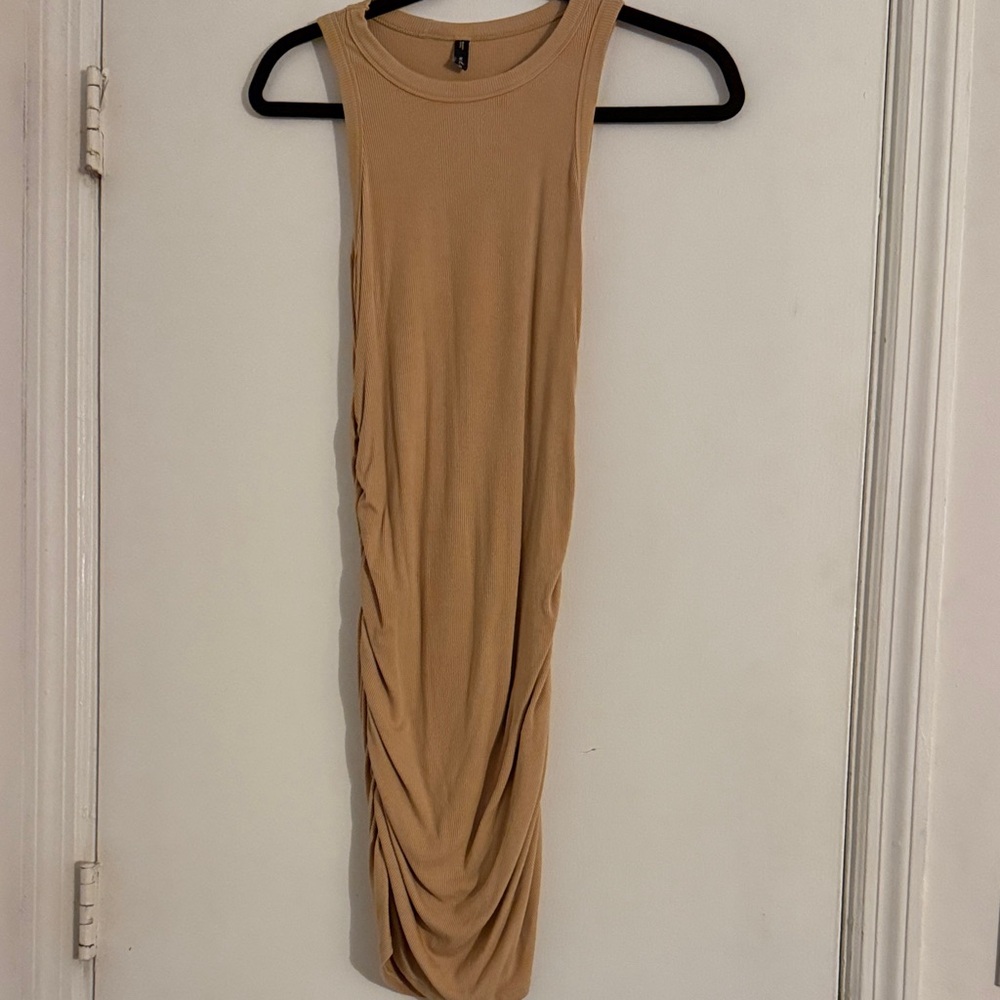 Sleeveless Ruched Midi Dress - Beige